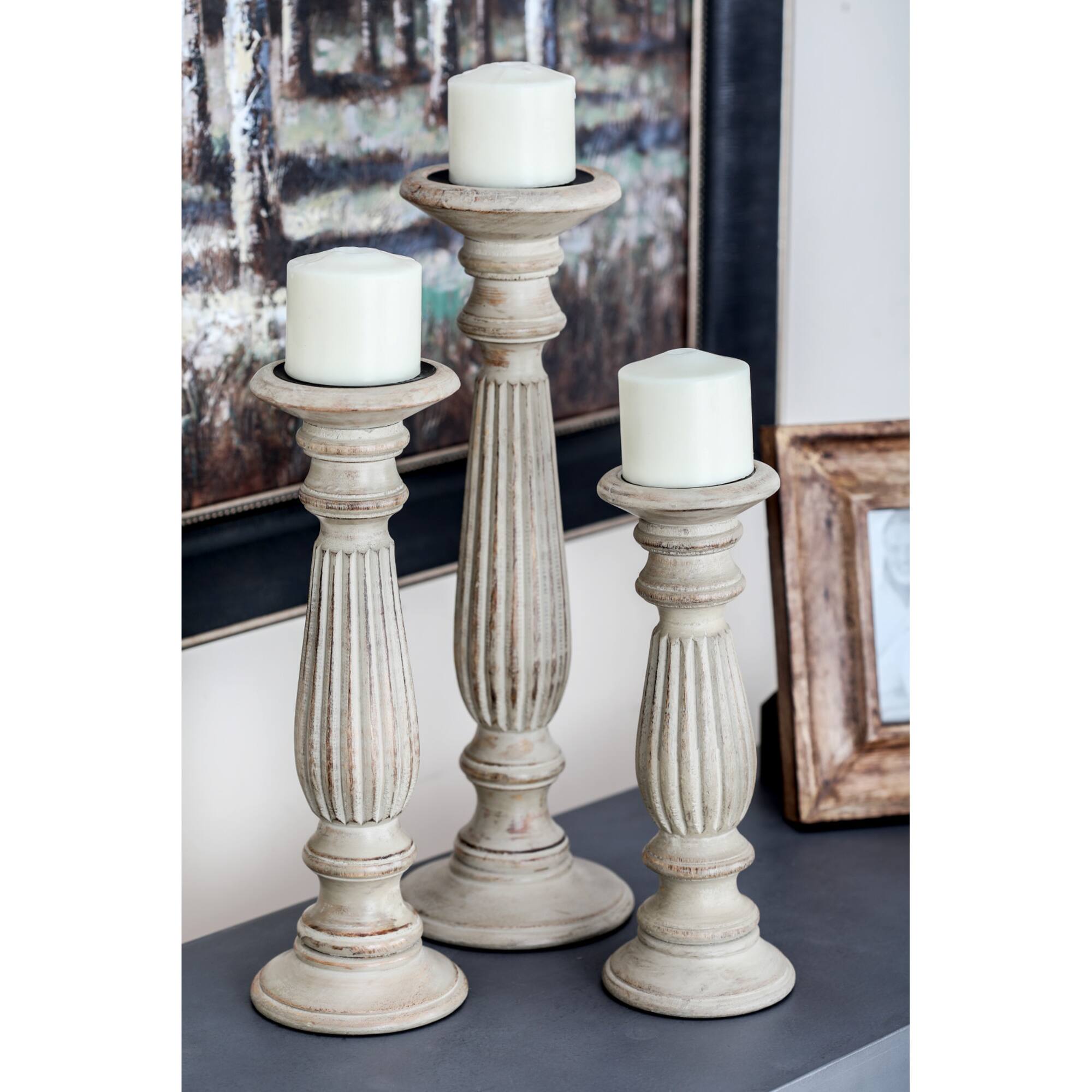 Brown Mango Wood Traditional Candle Holder Set